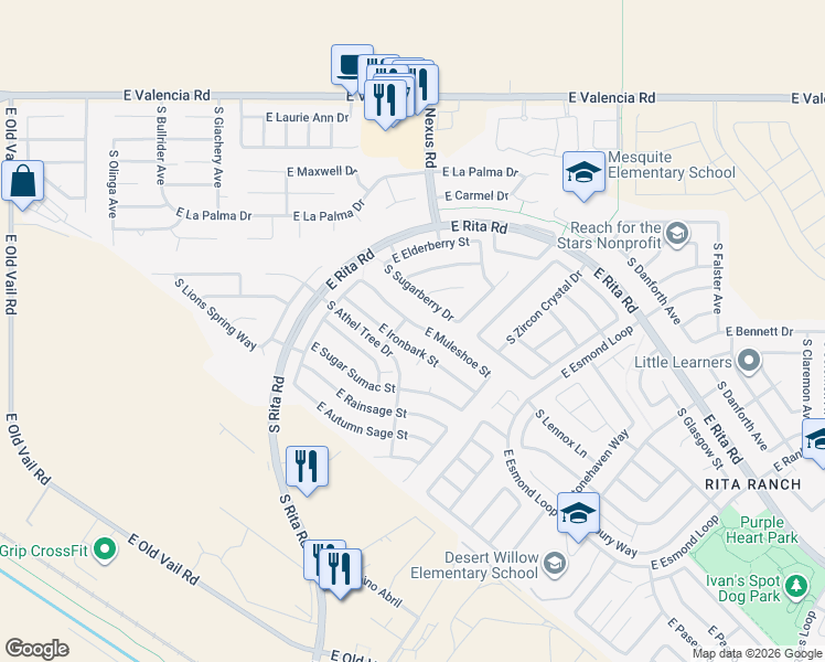 map of restaurants, bars, coffee shops, grocery stores, and more near 9139 East Muleshoe Street in Tucson