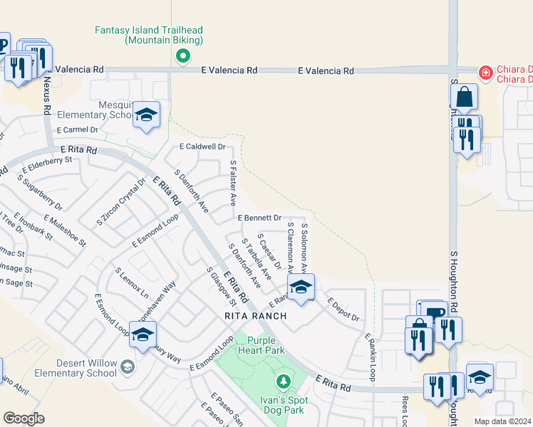 map of restaurants, bars, coffee shops, grocery stores, and more near 9771 East Bennett Drive in Tucson