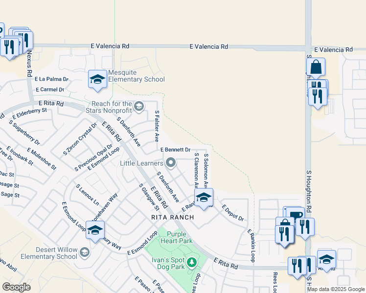 map of restaurants, bars, coffee shops, grocery stores, and more near 9771 East Bennett Drive in Tucson