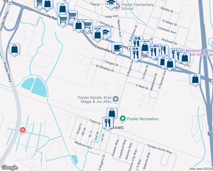 map of restaurants, bars, coffee shops, grocery stores, and more near 755 South Rogers Street in Pooler