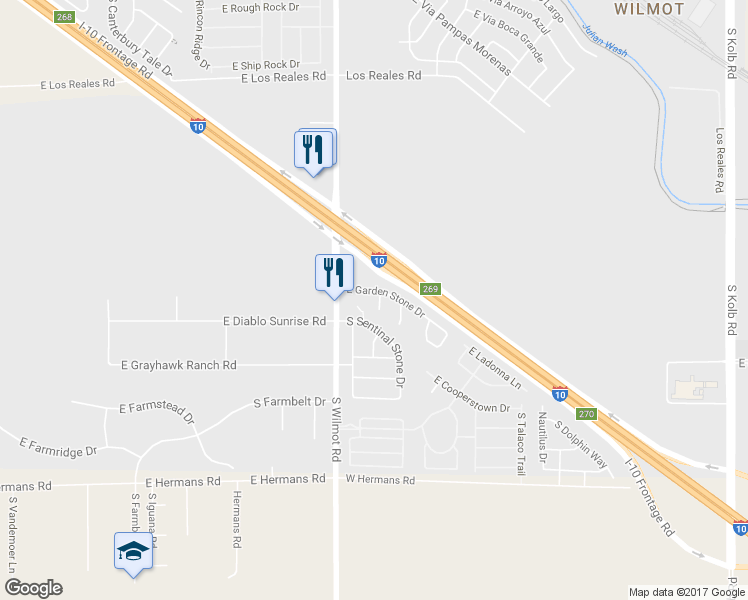 map of restaurants, bars, coffee shops, grocery stores, and more near 7750 South Delia Stone Court in Tucson