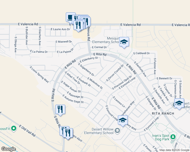 map of restaurants, bars, coffee shops, grocery stores, and more near 7696 South Gooseberry Way in Tucson