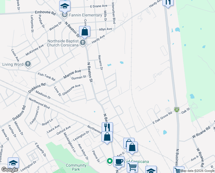 map of restaurants, bars, coffee shops, grocery stores, and more near 2009 Navarro Drive in Corsicana