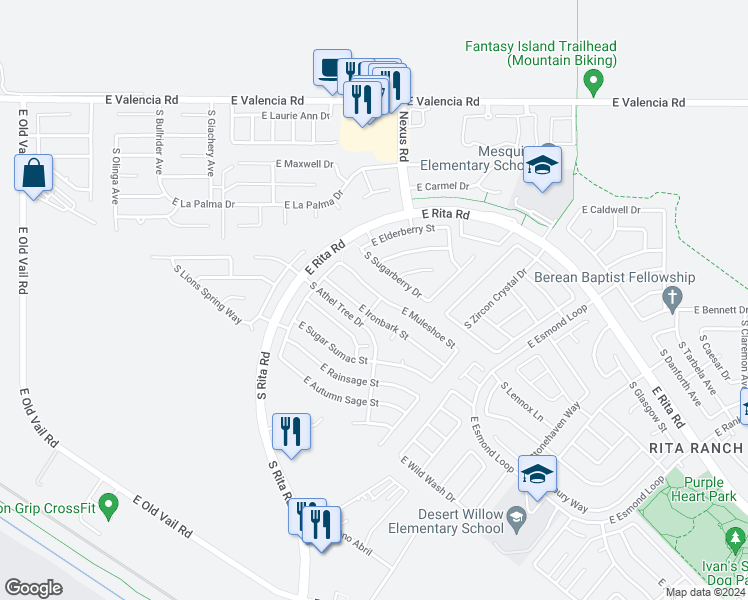 map of restaurants, bars, coffee shops, grocery stores, and more near 9069 East Ironbark Street in Tucson