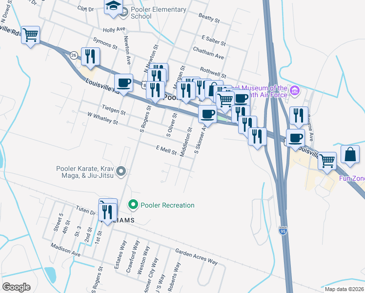 map of restaurants, bars, coffee shops, grocery stores, and more near 404 East Whatley Street in Pooler