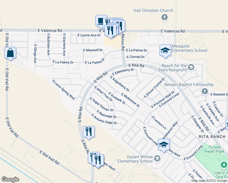 map of restaurants, bars, coffee shops, grocery stores, and more near 9069 East Ironbark Street in Tucson
