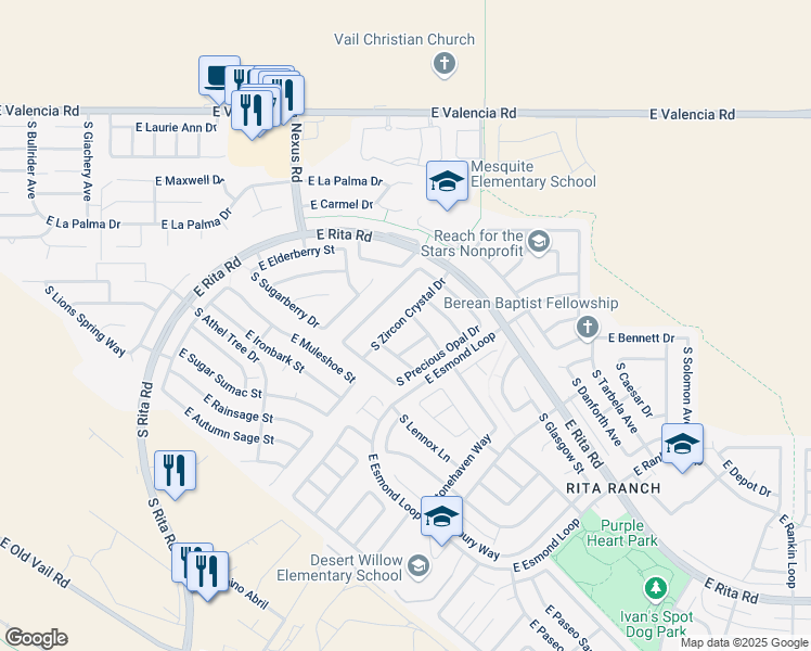 map of restaurants, bars, coffee shops, grocery stores, and more near 7691 South Zircon Crystal Drive in Tucson