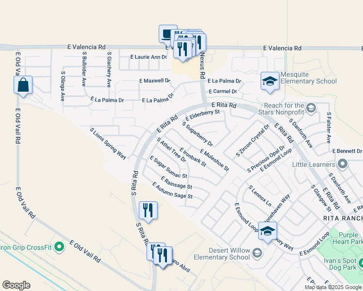 map of restaurants, bars, coffee shops, grocery stores, and more near 9069 East Ironbark Street in Tucson