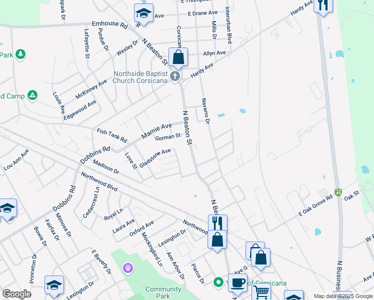 map of restaurants, bars, coffee shops, grocery stores, and more near 2216 North Beaton Street in Corsicana