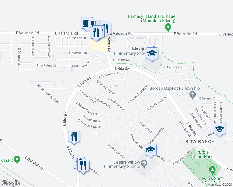 map of restaurants, bars, coffee shops, grocery stores, and more near 7696 South Gooseberry Way in Tucson