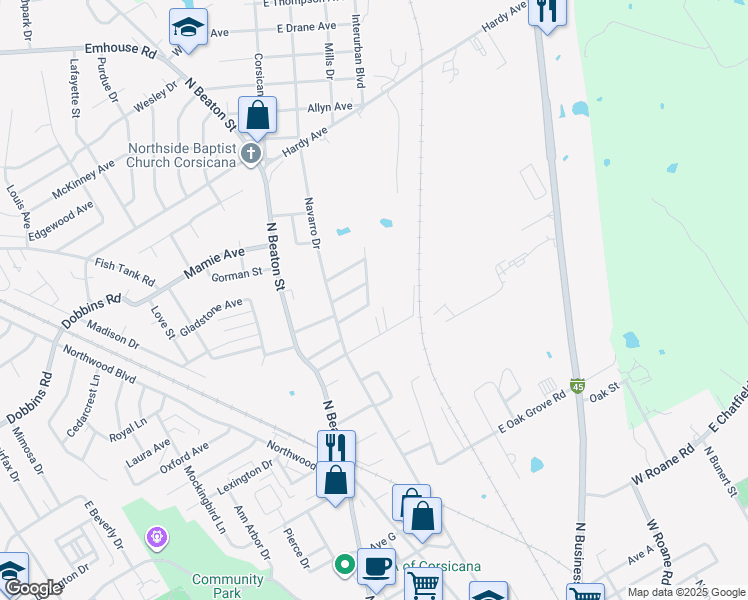 map of restaurants, bars, coffee shops, grocery stores, and more near 2001 Interurban Boulevard in Corsicana