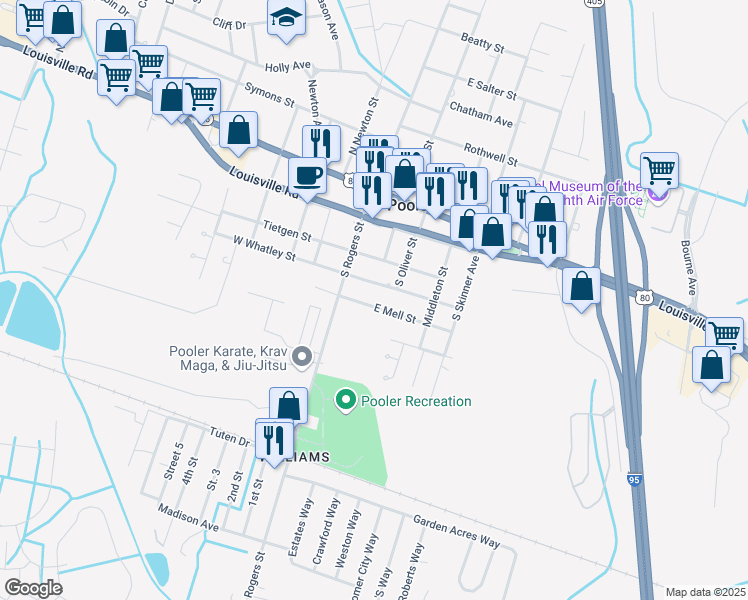map of restaurants, bars, coffee shops, grocery stores, and more near 200 East Mell Street in Pooler