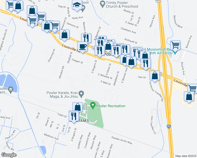 map of restaurants, bars, coffee shops, grocery stores, and more near 120 East Mell Street in Pooler