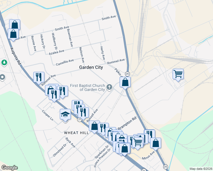map of restaurants, bars, coffee shops, grocery stores, and more near 45 Nelson Avenue in Savannah