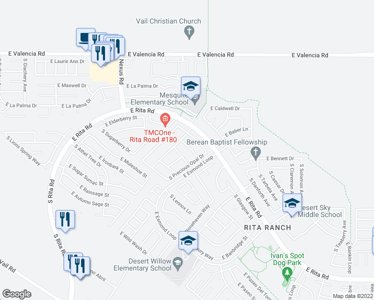 map of restaurants, bars, coffee shops, grocery stores, and more near 9420 E Marquis Diamond Ln in Tucson