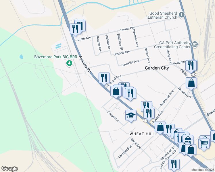 map of restaurants, bars, coffee shops, grocery stores, and more near 201 Rommel Avenue in Garden City