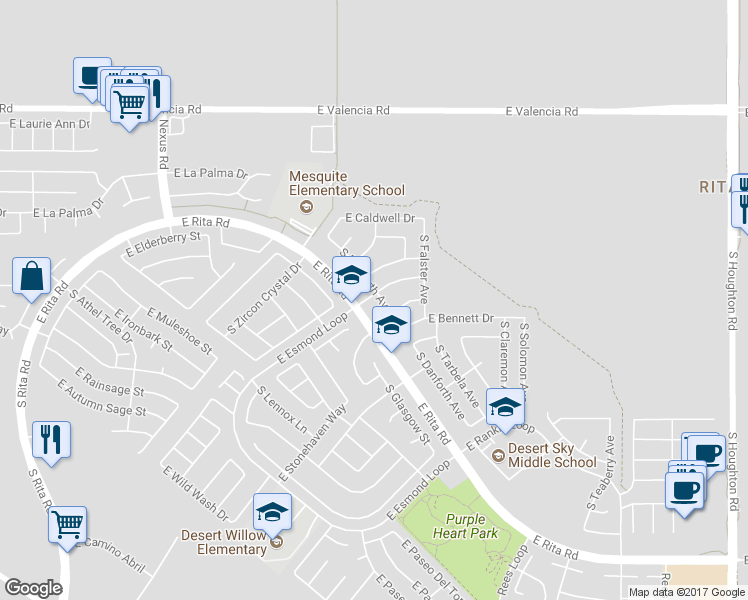 map of restaurants, bars, coffee shops, grocery stores, and more near 7680 South Danforth Avenue in Tucson