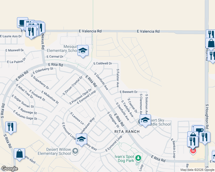 map of restaurants, bars, coffee shops, grocery stores, and more near 9631 East Blanding Lane in Tucson