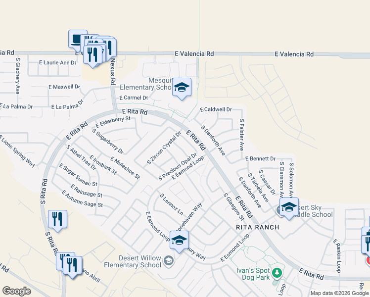 map of restaurants, bars, coffee shops, grocery stores, and more near 9420 East Marquis Diamond Lane in Tucson