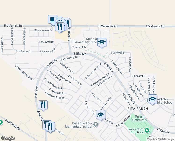 map of restaurants, bars, coffee shops, grocery stores, and more near 7661 South Freshwater Pearl Drive in Tucson