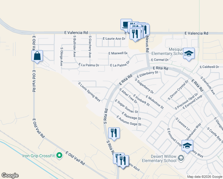 map of restaurants, bars, coffee shops, grocery stores, and more near 7704 South Trumpet Vine Avenue in Tucson