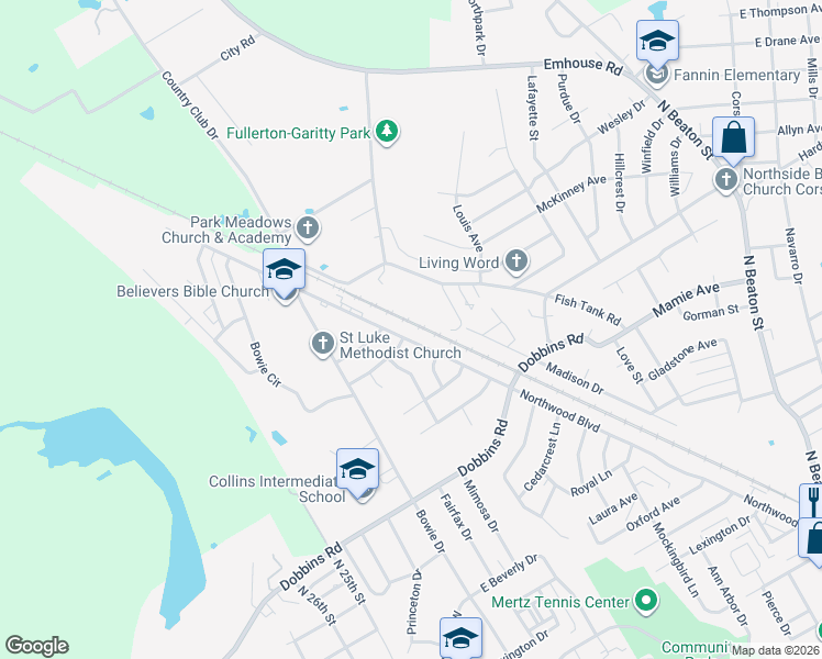 map of restaurants, bars, coffee shops, grocery stores, and more near 1020 Northwood Boulevard in Corsicana