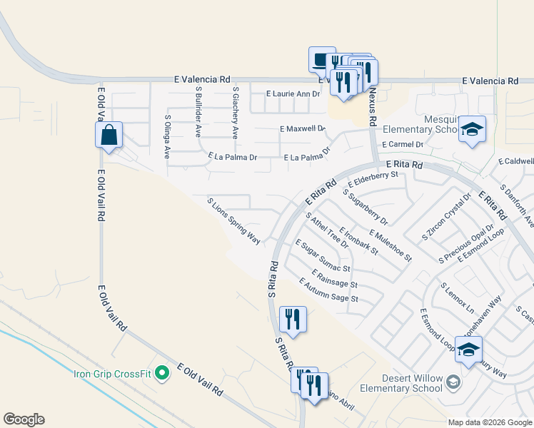 map of restaurants, bars, coffee shops, grocery stores, and more near 8841 East Lions Spring Place in Tucson
