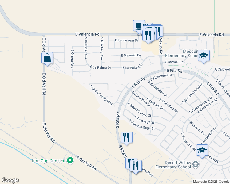 map of restaurants, bars, coffee shops, grocery stores, and more near 8841 East Lions Spring Place in Tucson