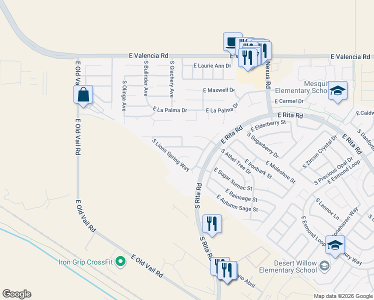 map of restaurants, bars, coffee shops, grocery stores, and more near 8841 East Lions Spring Place in Tucson