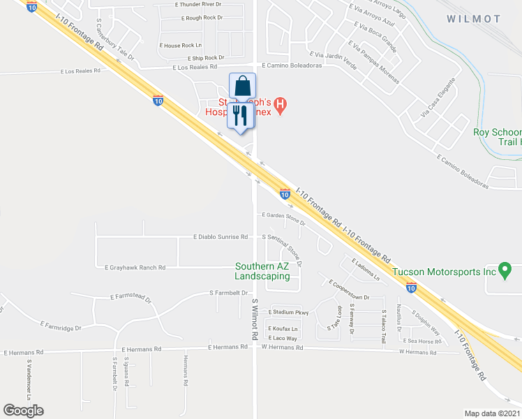 map of restaurants, bars, coffee shops, grocery stores, and more near 6320 East Garden Stone Drive in Tucson