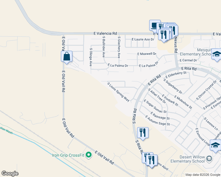 map of restaurants, bars, coffee shops, grocery stores, and more near 7676 South Lions Spring Way in Tucson