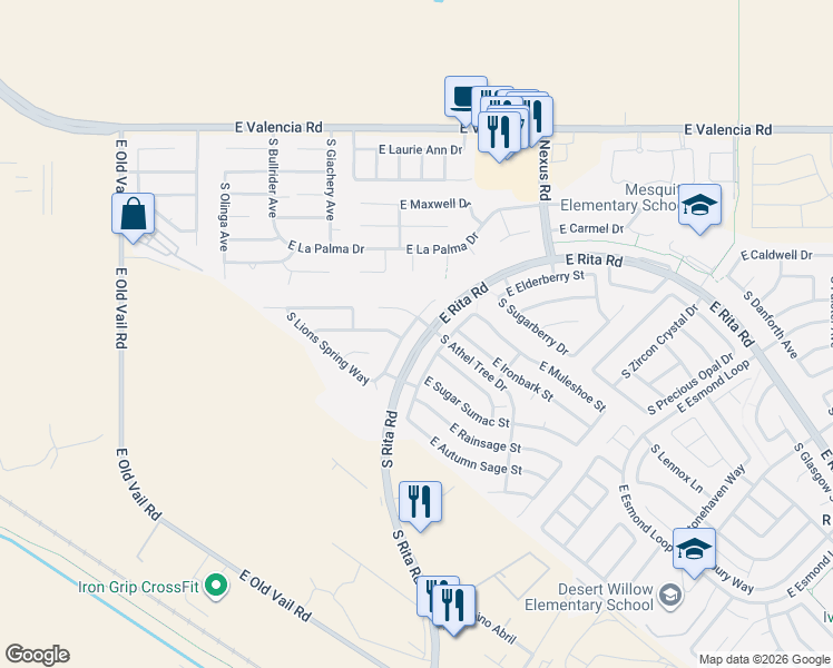 map of restaurants, bars, coffee shops, grocery stores, and more near 7704 South Trumpet Vine Avenue in Tucson