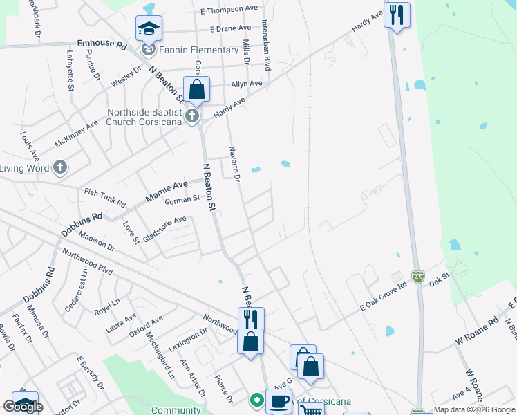 map of restaurants, bars, coffee shops, grocery stores, and more near 2009 Navarro Drive in Corsicana