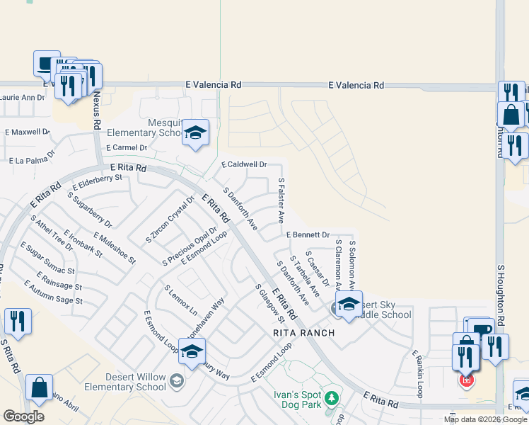 map of restaurants, bars, coffee shops, grocery stores, and more near 9631 East Blanding Lane in Tucson