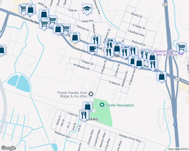 map of restaurants, bars, coffee shops, grocery stores, and more near 104 West Mell Street in Pooler