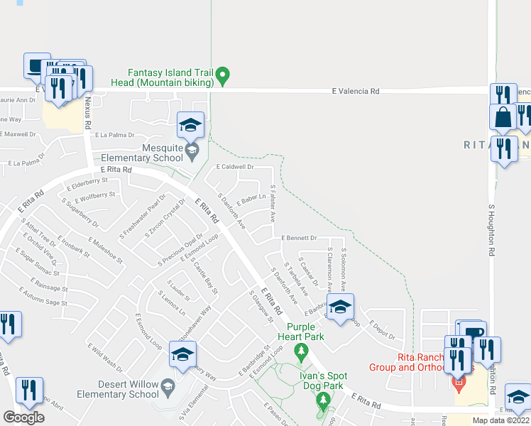 map of restaurants, bars, coffee shops, grocery stores, and more near 9631 East Blanding Lane in Tucson