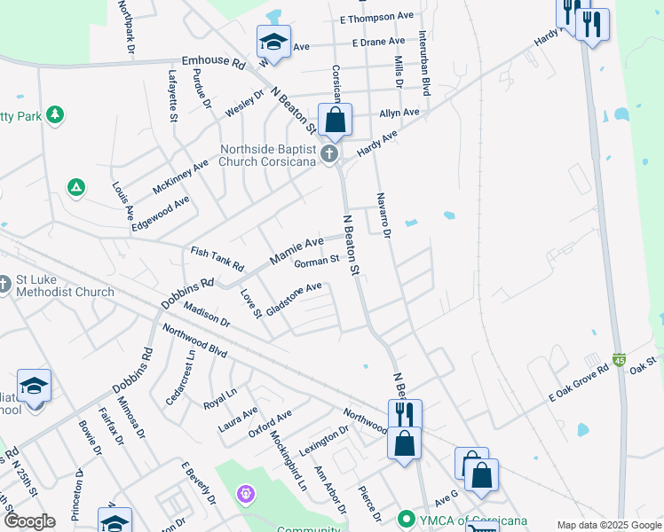 map of restaurants, bars, coffee shops, grocery stores, and more near 2216 North Beaton Street in Corsicana