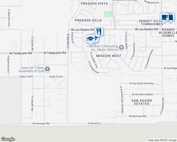 map of restaurants, bars, coffee shops, grocery stores, and more near 7661 South Coleville Street in Tucson