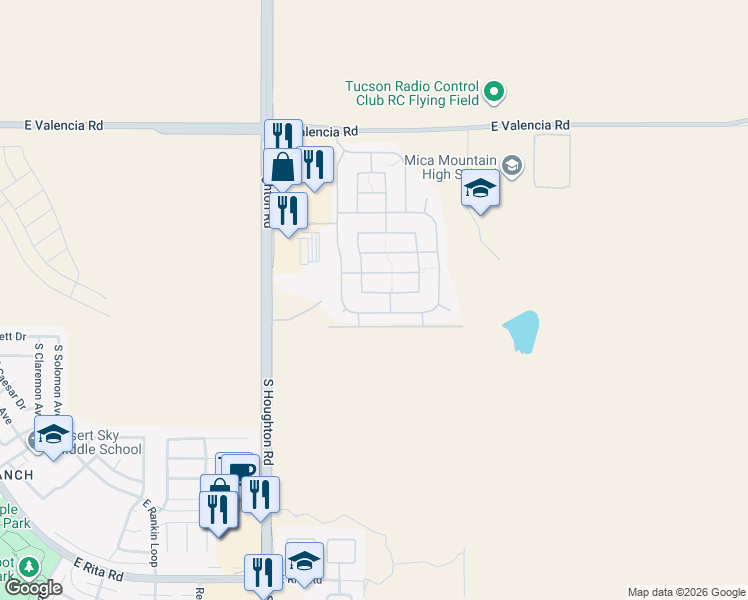 map of restaurants, bars, coffee shops, grocery stores, and more near 10544 East Feltleaf Willow Trail in Tucson