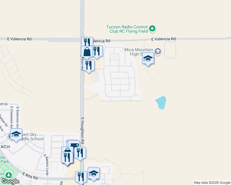 map of restaurants, bars, coffee shops, grocery stores, and more near 10544 East Feltleaf Willow Trail in Tucson