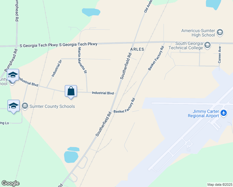 map of restaurants, bars, coffee shops, grocery stores, and more near 101 Industrial Boulevard in Americus