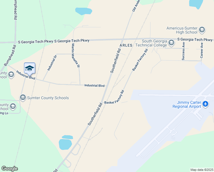map of restaurants, bars, coffee shops, grocery stores, and more near 101 Industrial Boulevard in Americus