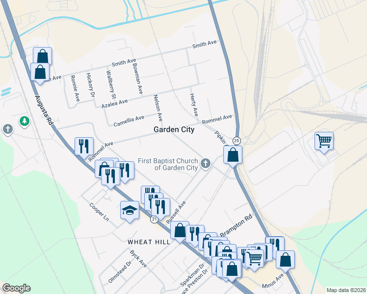 map of restaurants, bars, coffee shops, grocery stores, and more near 66 Nelson Avenue in Savannah