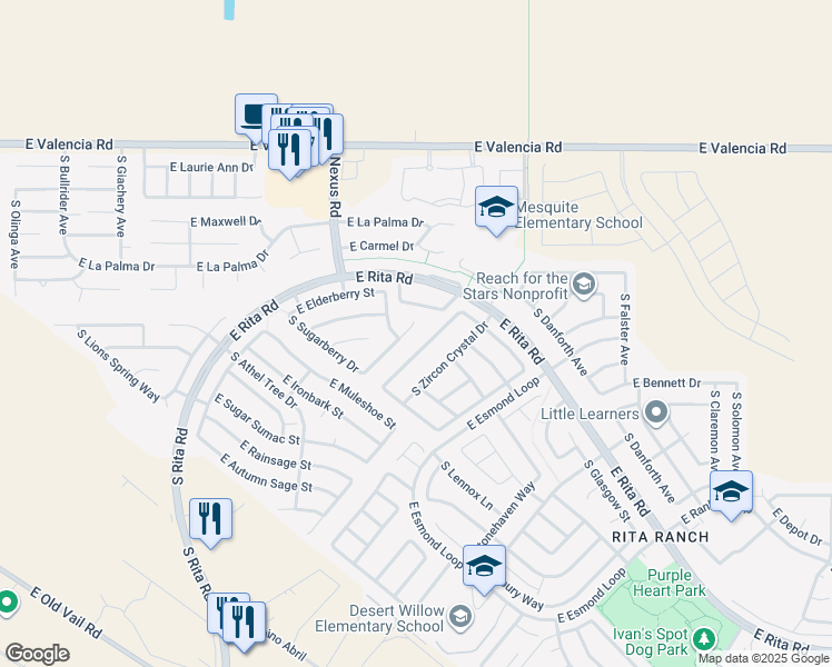 map of restaurants, bars, coffee shops, grocery stores, and more near 7624 South Gooseberry Way in Tucson