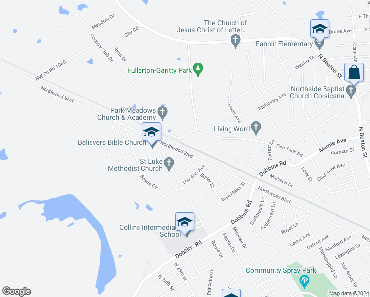 map of restaurants, bars, coffee shops, grocery stores, and more near 1216 Northwood Boulevard in Corsicana