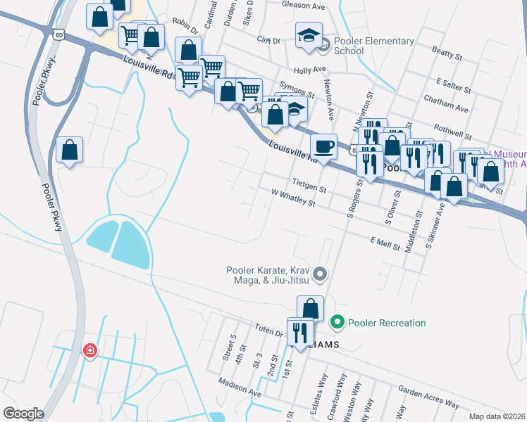 map of restaurants, bars, coffee shops, grocery stores, and more near 409 Winskie Road in Pooler