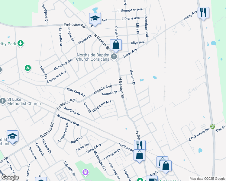 map of restaurants, bars, coffee shops, grocery stores, and more near 209 Mamie Avenue in Corsicana