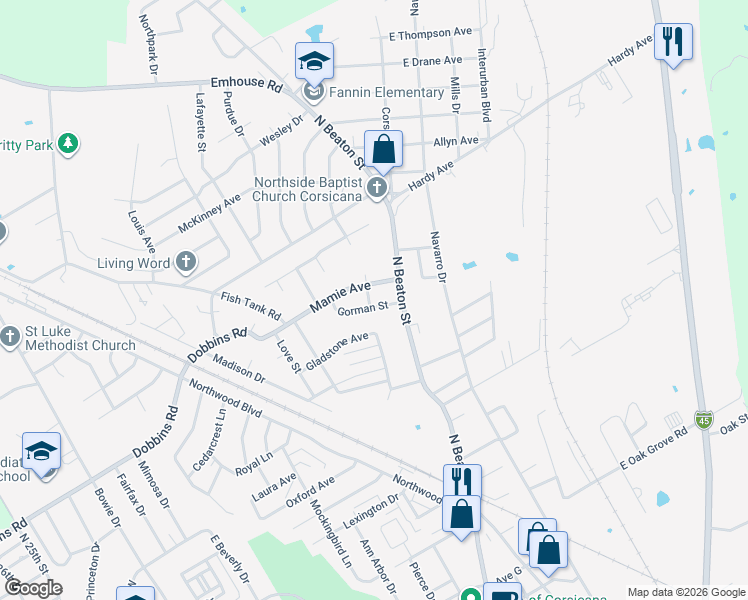map of restaurants, bars, coffee shops, grocery stores, and more near 209 Mamie Avenue in Corsicana