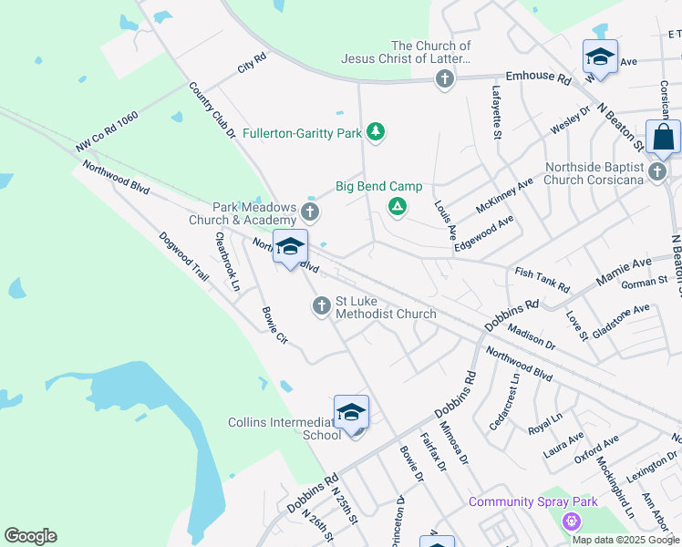 map of restaurants, bars, coffee shops, grocery stores, and more near 1216 Northwood Boulevard in Corsicana