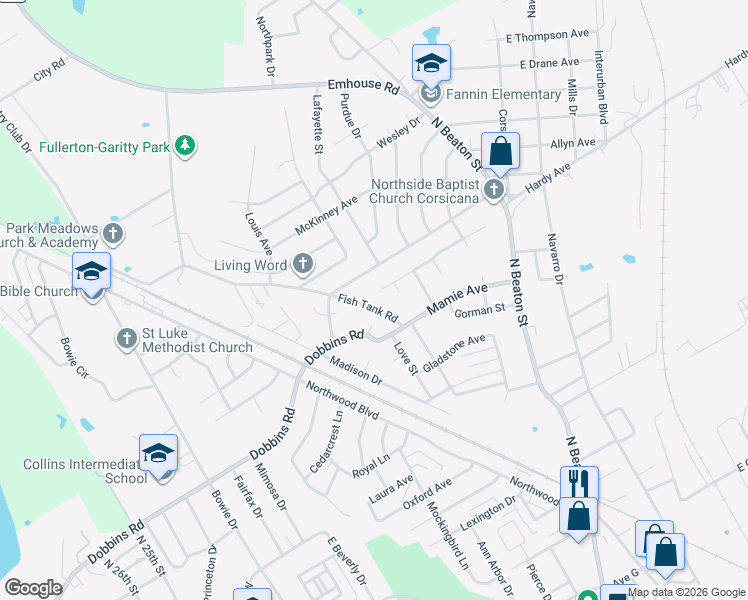 map of restaurants, bars, coffee shops, grocery stores, and more near 2629 Fish Tank Road in Corsicana